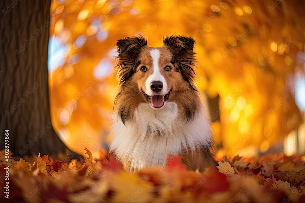 Friendly dog in autumn leaves