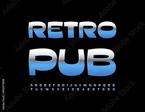 Vector premium icon Retro Pub. Stylish Silver  Font. Vintage style Alphabet Letters and Numbers set.