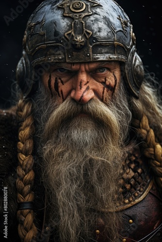 Fierce Viking warrior with elaborate helmet and beard © Balaraw