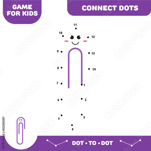 Dot to dot paper clip educational game for preschool kids. Activity worksheet. Handwriting practice