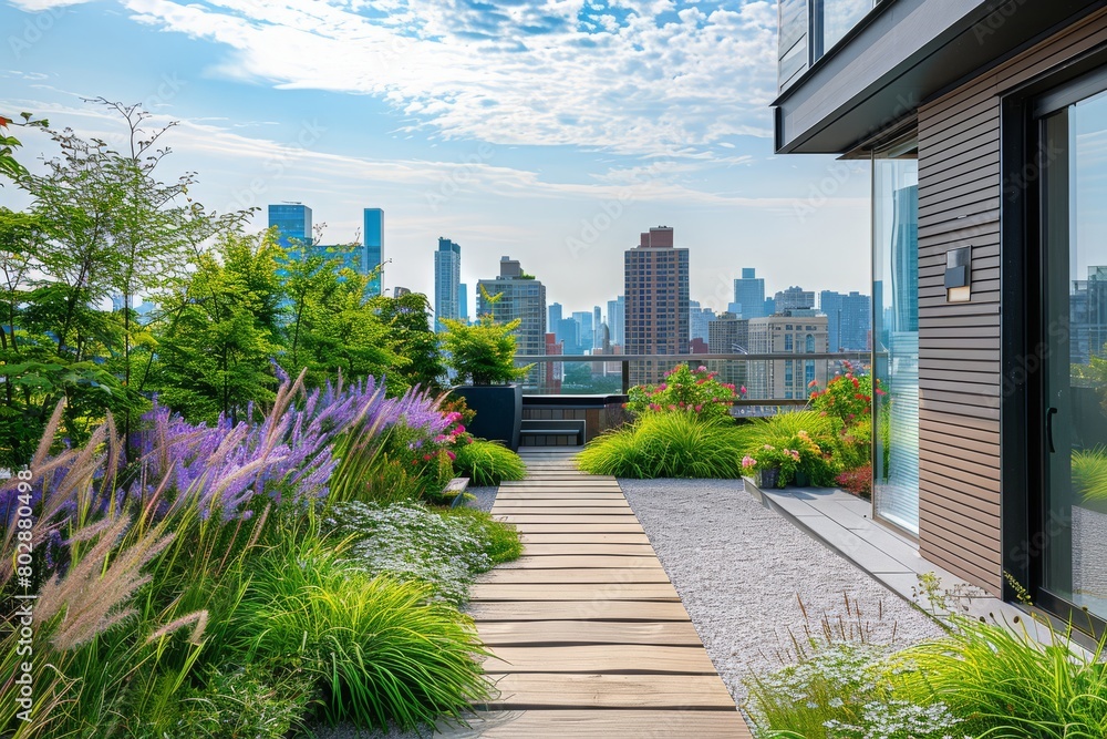 Obraz premium Small rooftop garden overlooking the city