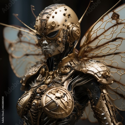 Intricate futuristic cyborg with golden mechanical wings