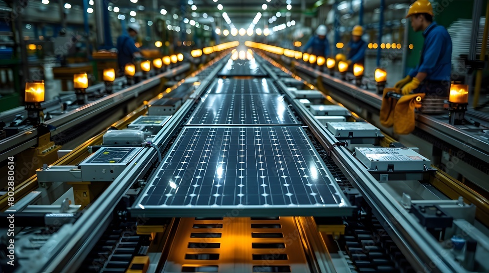 Automated Solar Panel Assembly Line in a Cutting Edge Factory Showcasing Streamlined Production and Control Processes