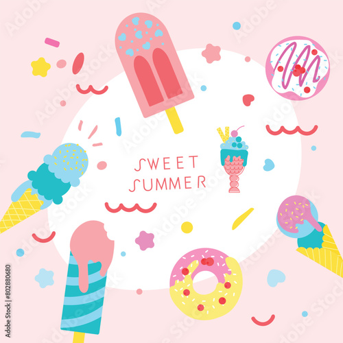 sweet summer. Tropical beach card with ice cream and donuts. Beach party card or flyer template. Catch the summer vibe concept. Flat vector style illustration