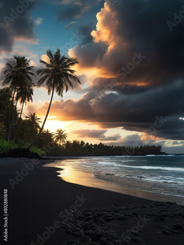 generative ai  Glowing sea with bright clouds shining on a black sand beach with palm trees