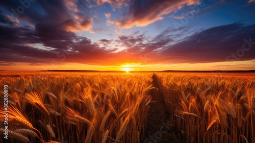Vibrant sunset over golden wheat field © Balaraw