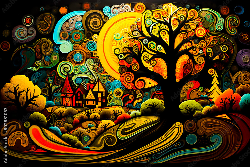 Painting, paper quilling art of landscape with trees and houses surrounded by rolling hill with bright colors in the black background