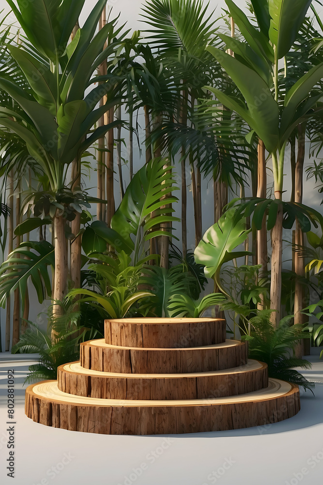 tree trunks podium with tropical plants background tree trunks podium with tropical plants background