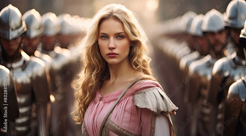 woman in pink dress with medieval armor woman in pink dress with medieval armor
