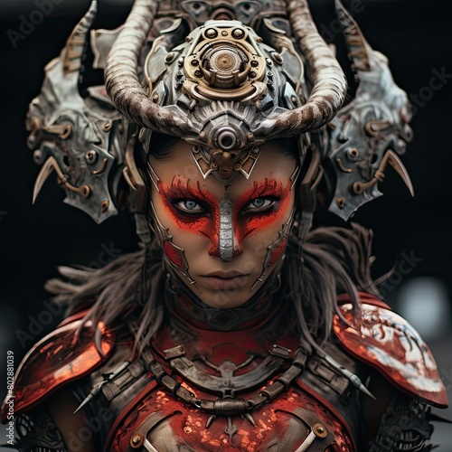 Futuristic warrior woman with cyberpunk armor and red face paint