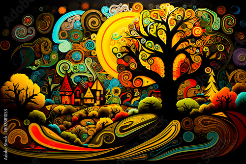 Painting  paper quilling art of landscape with trees and houses surrounded by rolling hill with bright colors in the black background