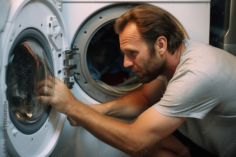 Young man doing laundry household chores generated with AI technology Young man doing laundry household chores generated with AI technology