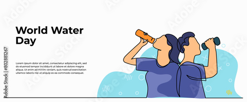 Vector illustration of  drinking water from a bottle. Modern flat in continuous line style.