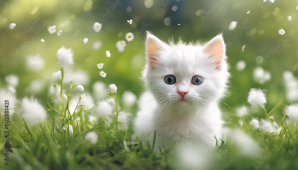 A white kitten is sitting in field of flowers