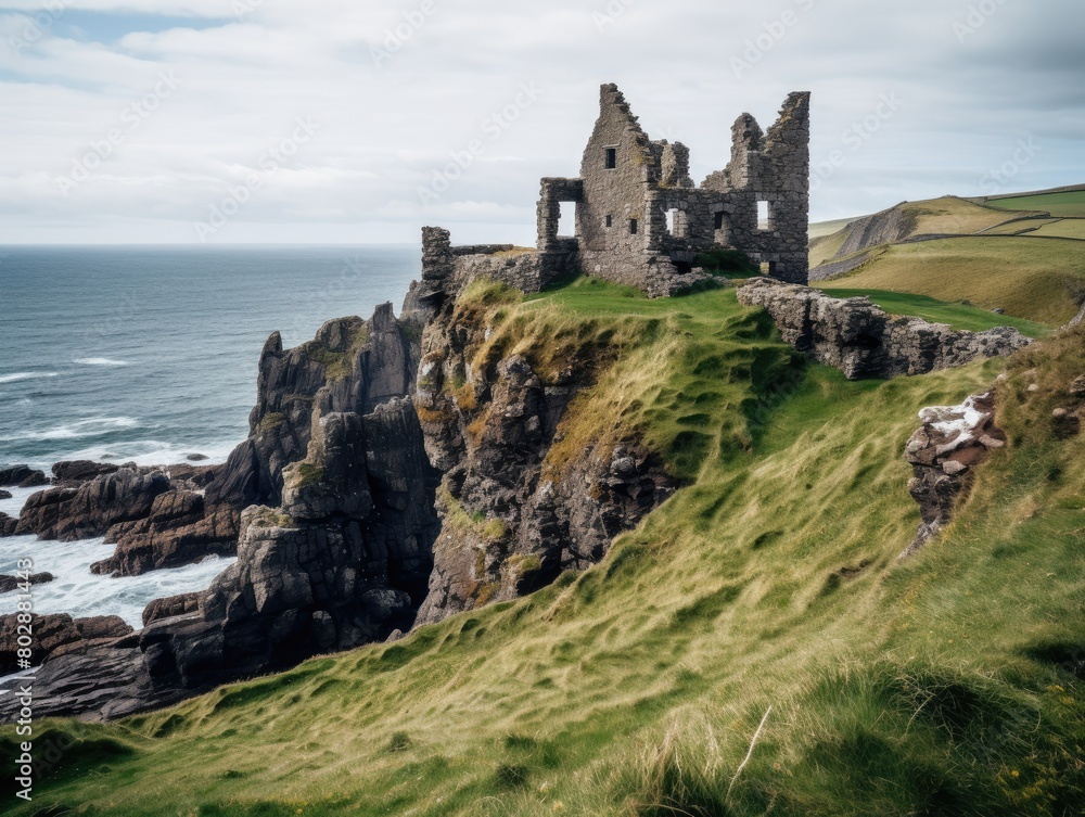 Ruined castle on a rocky cliff overlooking the ocean Ruined castle on a rocky cliff overlooking the ocean