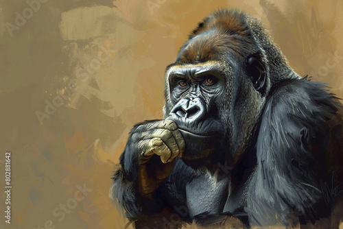 A digital painting of a majestic gorilla with a wise and contemplative gaze. © Prakash