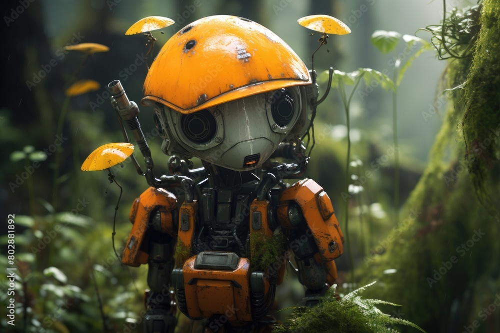 Futuristic robot exploring lush forest environment