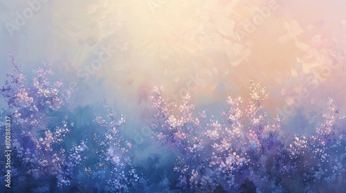 Soft pastel hues blend delicately as wisps of lavender and baby blue dance across a serene landscape, kissed by the golden glow of dawn's first light. Delicate blossoms sway gently in the breeze.