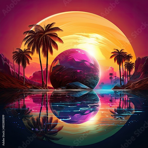 Vibrant tropical sunset landscape with palm trees and glowing orb