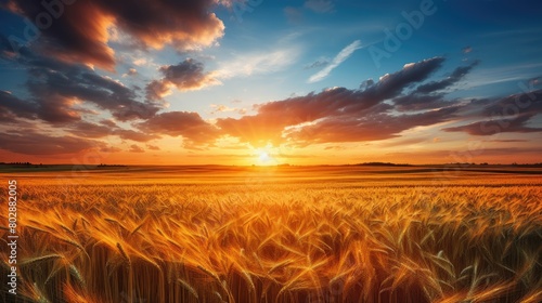 Breathtaking sunset over golden wheat field