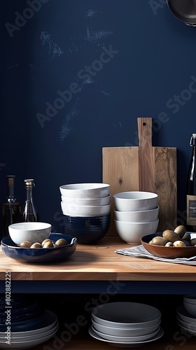 A kitchen counter with bowls and plates against navy blue walls with soft lighting. photo
