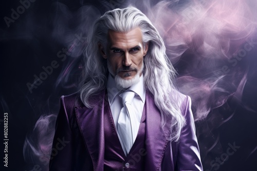 mysterious man with long silver hair in a purple suit