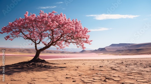 Vibrant pink tree in desert landscape