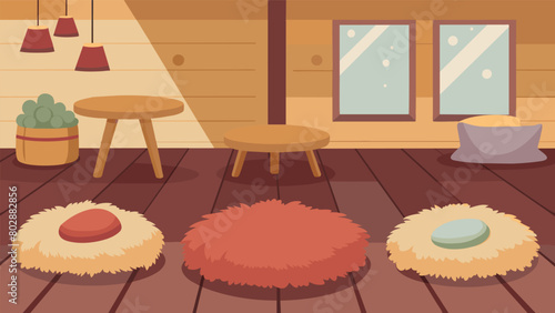 Soft fluffy rugs and floor cushions are tered on the wood floors inviting customers to kick off their shoes and relax in this cozy coffee shop..