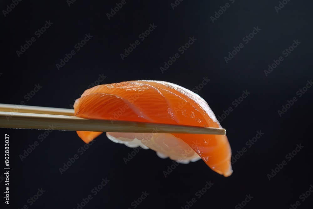 Chopstick picking up a salmon sushi with black background, Japanese food, Japanese sushi, Japanese Cuisine Chopstick picking up a salmon sushi with black background, Japanese food, Japanese sushi, Japanese Cuisine