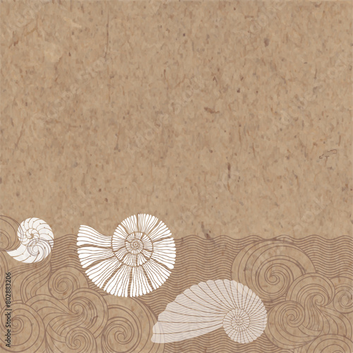 Pre-made design on a marine theme with waves,  nautilus and place for text on kraft paper. Vector layout decorative greeting card or invitation design background. © maritime_m
