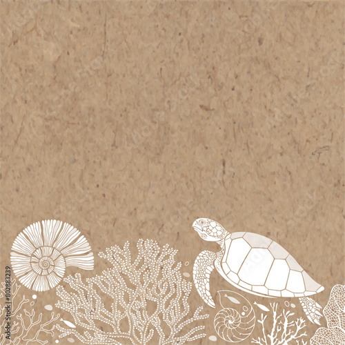 Art sea background vector. Luxury design with turtle, underwater plants, shells,  corals, sea creatures and place for text on kraft paper. Template design for text, packaging and prints. © maritime_m