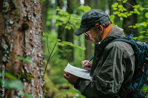 An environmental conservation surveyor in the forest, diligently recording data as part of field research, showcasing commitment to preserving nature and sustainability