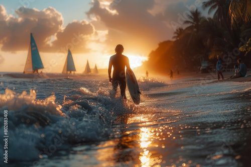 Back silhouette of a male surfer with his surfboard at sunset on the beach with boats in the background