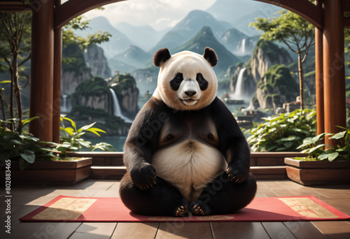 Meditating panda, sitting in lotus pose. Generative AI