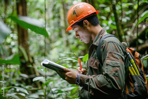 An environmental conservation surveyor in the forest, diligently recording data as part of field research, showcasing commitment to preserving nature and sustainability