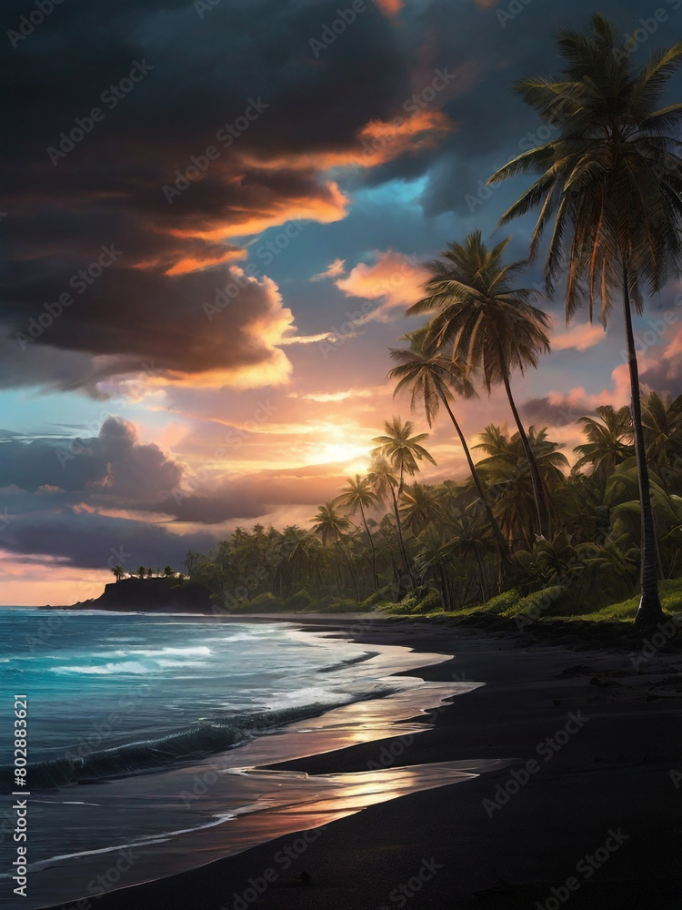 Fototapeta premium generative ai, Glowing sea with bright clouds shining on a black sand beach with palm trees