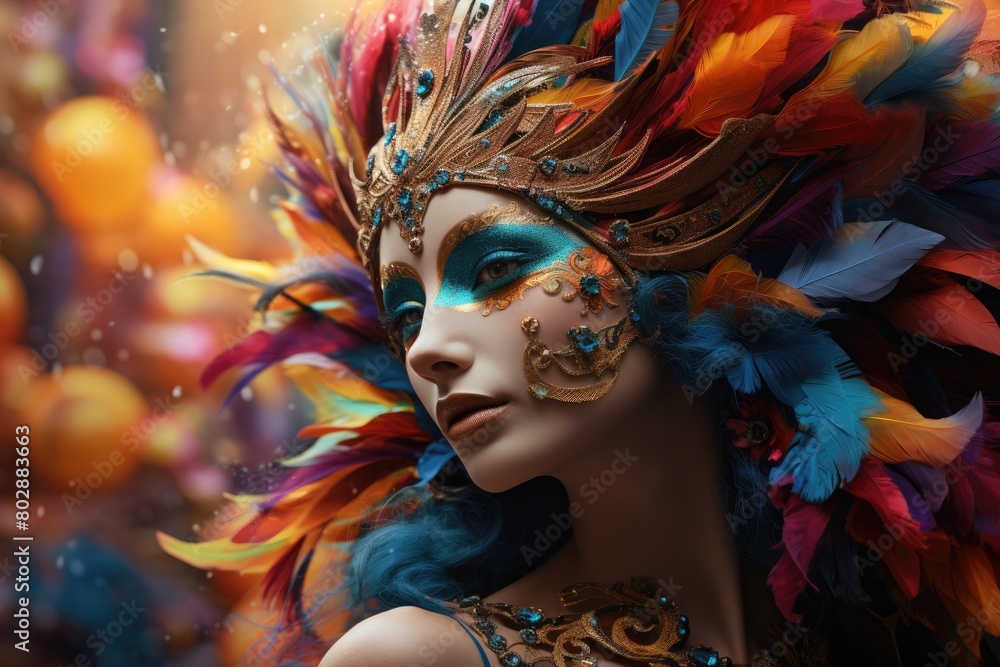 Vibrant carnival costume with feathers and jewels