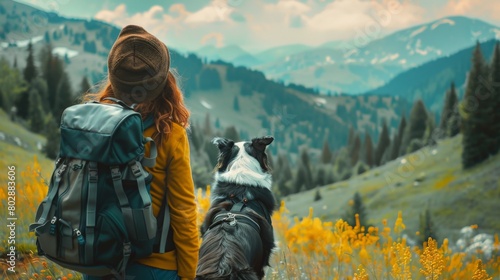 girl and dog looking out at a mountain landscape photo