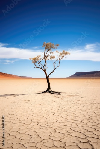 Lone tree in arid desert landscape