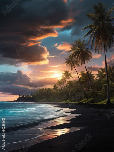 generative ai  Glowing sea with bright clouds shining on a black sand beach with palm trees