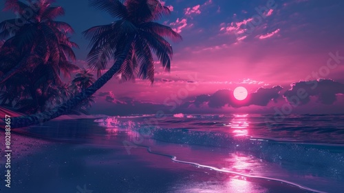 Pink Sunset Over Tropical Beach with Palm Trees  neon colors