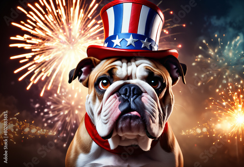 Bulldog wearing a top uncle Sam hat. Generative AI