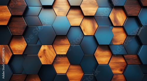 abstract geometric wooden and metallic hexagon pattern