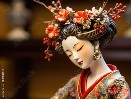 Elegant japanese geisha doll with ornate hairstyle and floral accessories