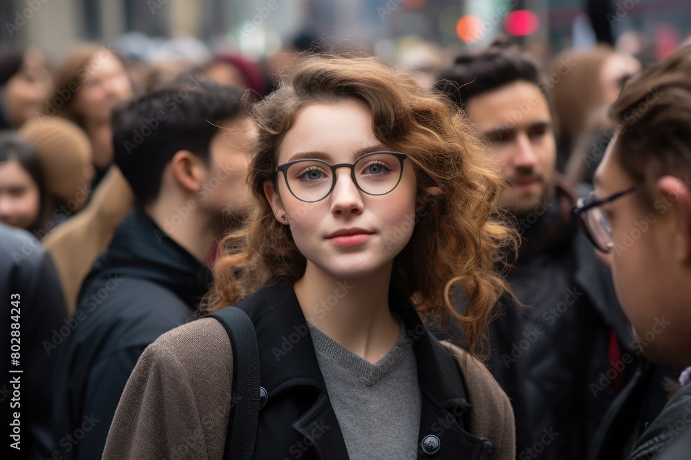Obraz premium young woman with curly hair and glasses in crowd