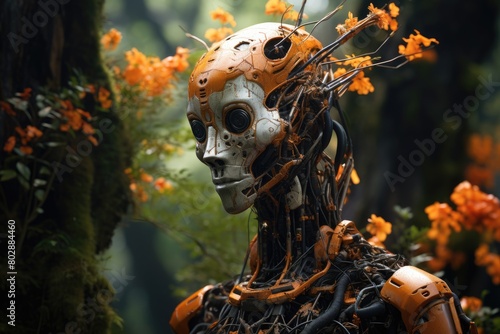 Futuristic robot head in autumn forest