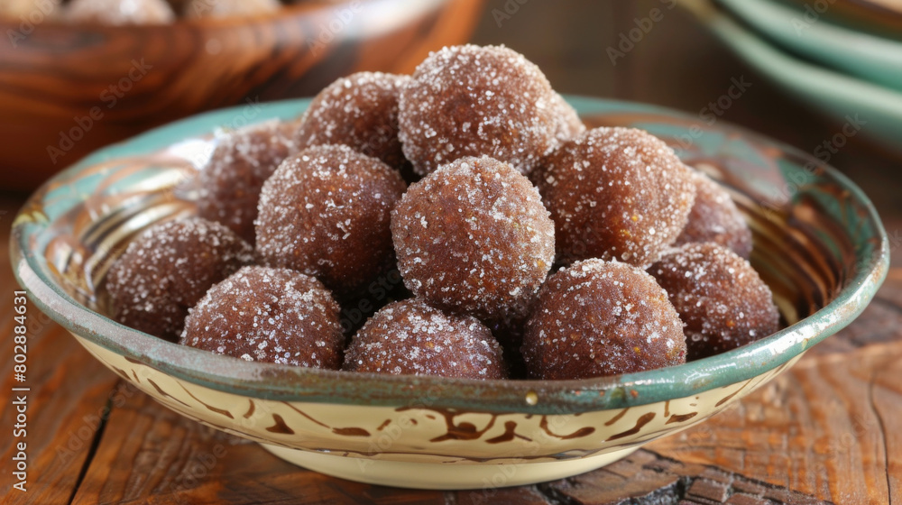 Jamaican sweet potato pudding balls topped with sugar, presented in a beautiful ceramic bowl on a rustic wooden table setting Jamaican sweet potato pudding balls topped with sugar, presented in a beautiful ceramic bowl on a rustic wooden table setting