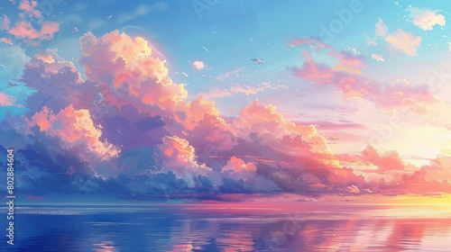 Cotton candy-like clouds painted with sunset's hues hover above the tranquil azure sea. © Suleyman