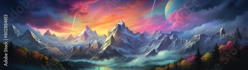 Vibrant fantasy landscape with mountains, forests, and celestial elements © Balaraw