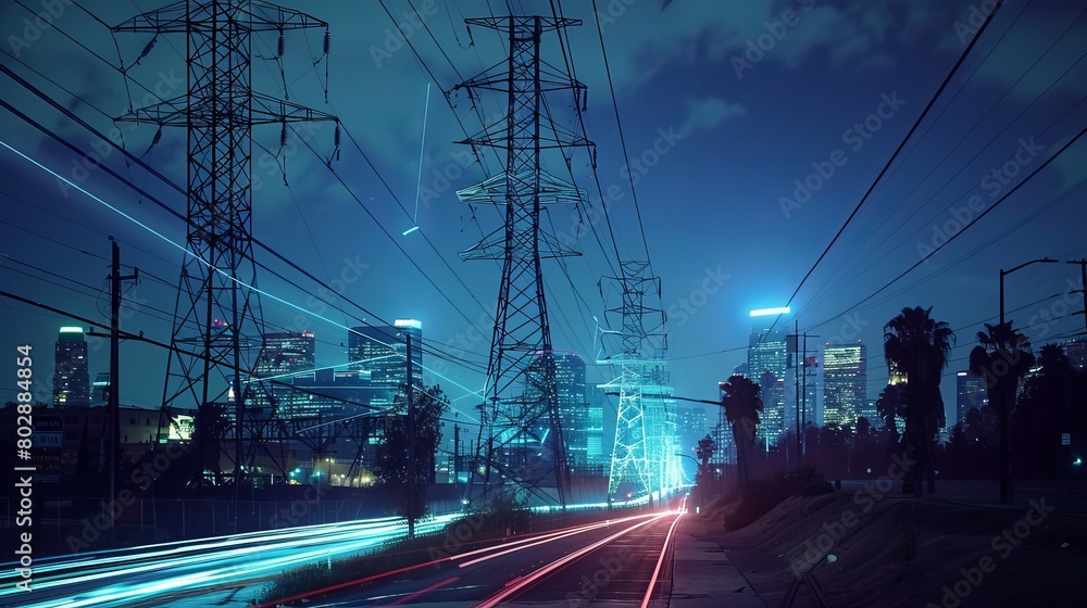 Electricity flows through tall poles in cities, linked to smart grids. This system delivers and transmits energy at high voltages for homes and businesses.